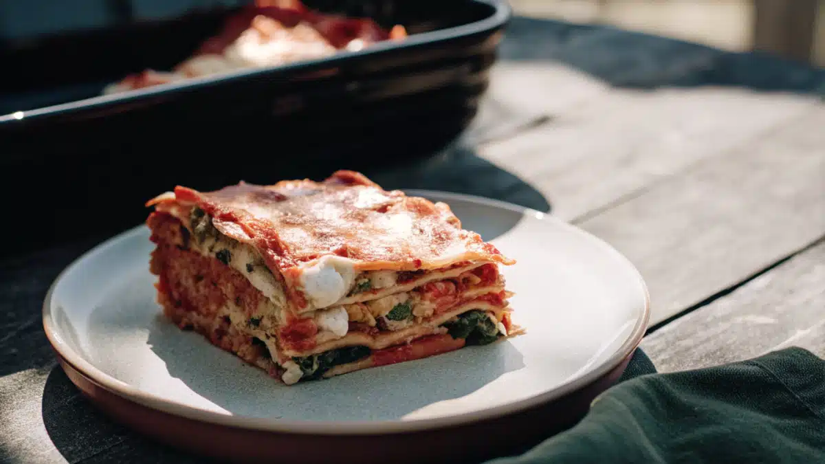 Gemüse-Lasagne mit Brokkoli und Kohlrabi, überbacken mit goldbraunem Käse