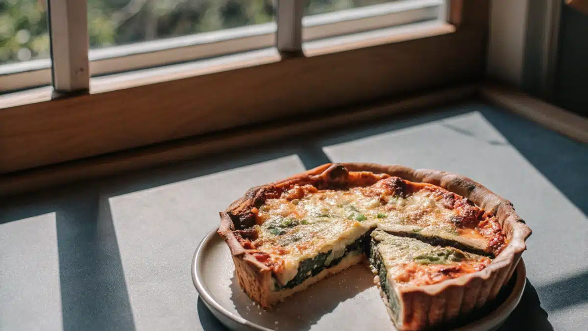 Goldbraune Spinat-Feta-Quiche mit Pinienkernen, auf einem Keramikteller angerichtet
