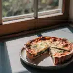 Goldbraune Spinat-Feta-Quiche mit Pinienkernen, auf einem Keramikteller angerichtet