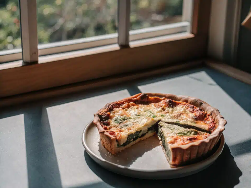 Goldbraune Spinat-Feta-Quiche mit Pinienkernen, auf einem Keramikteller angerichtet