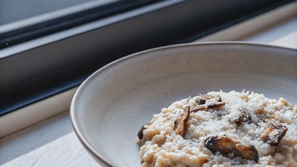 Cremiges Pilzrisotto mit gebräunten Champignons und geriebenem Parmesan in einer flachen Schale