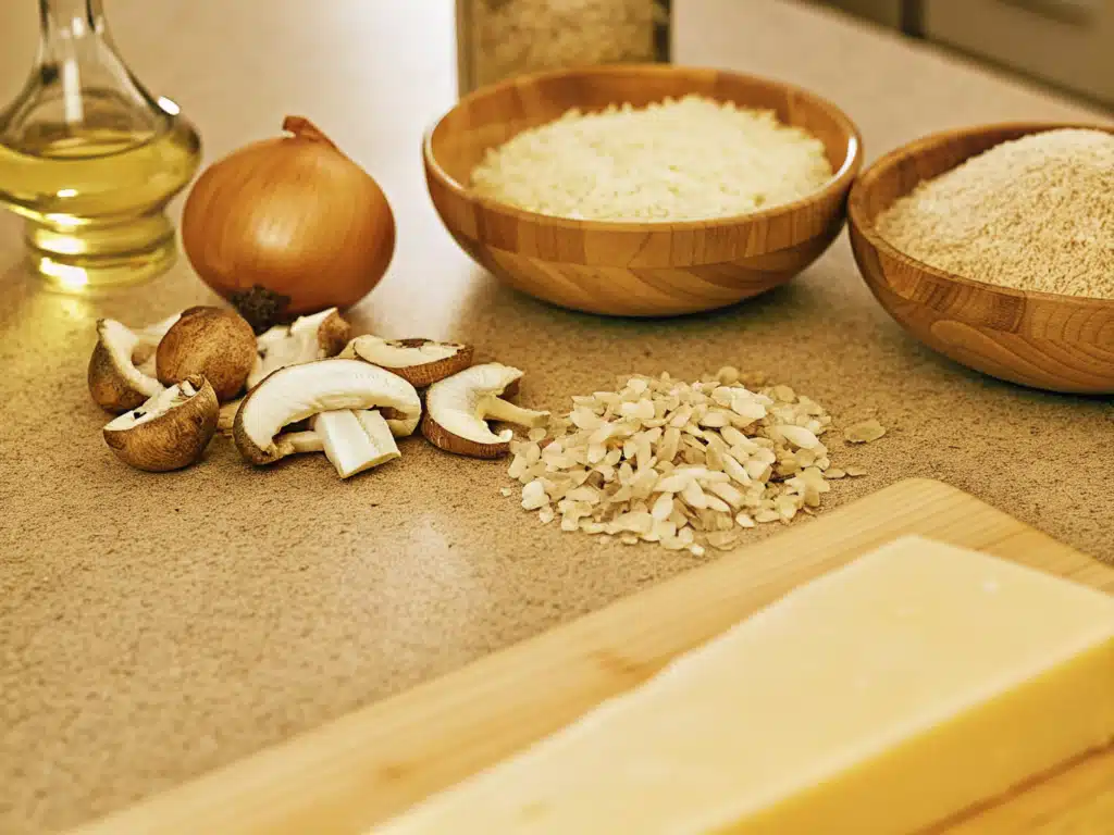 Zutaten für Pilzrisotto mit Reis, Champignons, Steinpilzen, Parmesan und Gemüsebrühe