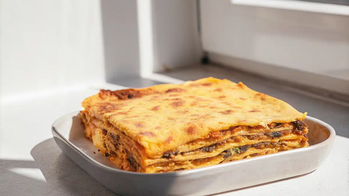 Stück vegane Linsenlasagne mit sichtbaren Schichten aus Gemüse, Spinat und cremiger Sauce