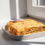 Stück vegane Linsenlasagne mit sichtbaren Schichten aus Gemüse, Spinat und cremiger Sauce