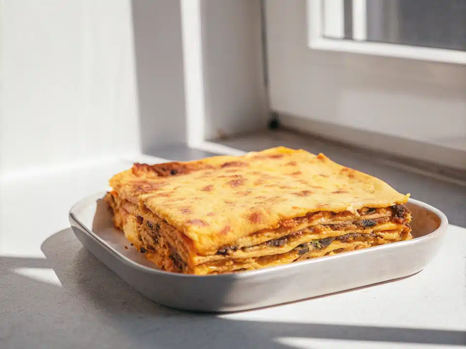 Stück vegane Linsenlasagne mit sichtbaren Schichten aus Gemüse, Spinat und cremiger Sauce