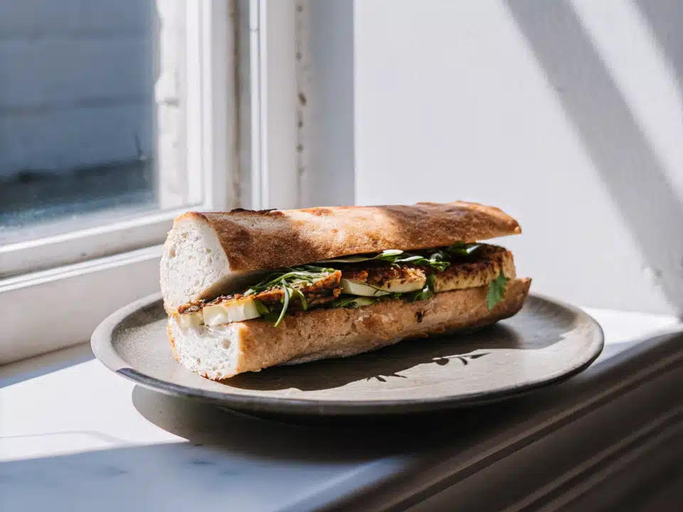 Veganes Bánh mì mit Tempeh, Hummus, mariniertem Gemüse und frischen Kräutern auf einem Teller