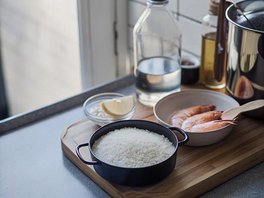Zutaten für Risotto mit Lachs, Garnelen, Zitrone und grünem Spargel