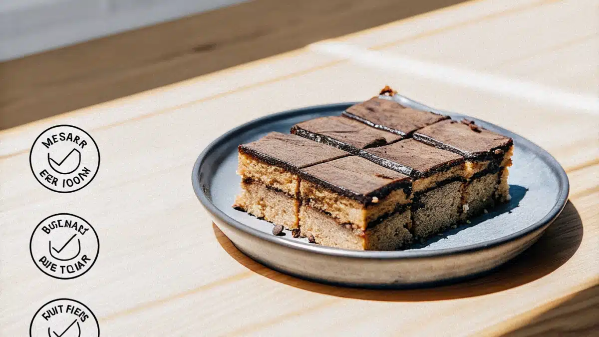 Veganer Schokoladenkuchen mit geschmolzener veganer Schokolade auf einem Keramikteller