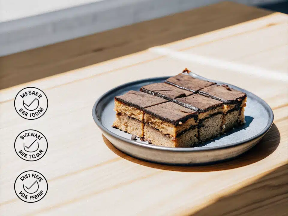 Veganer Schokoladenkuchen mit geschmolzener veganer Schokolade auf einem Keramikteller