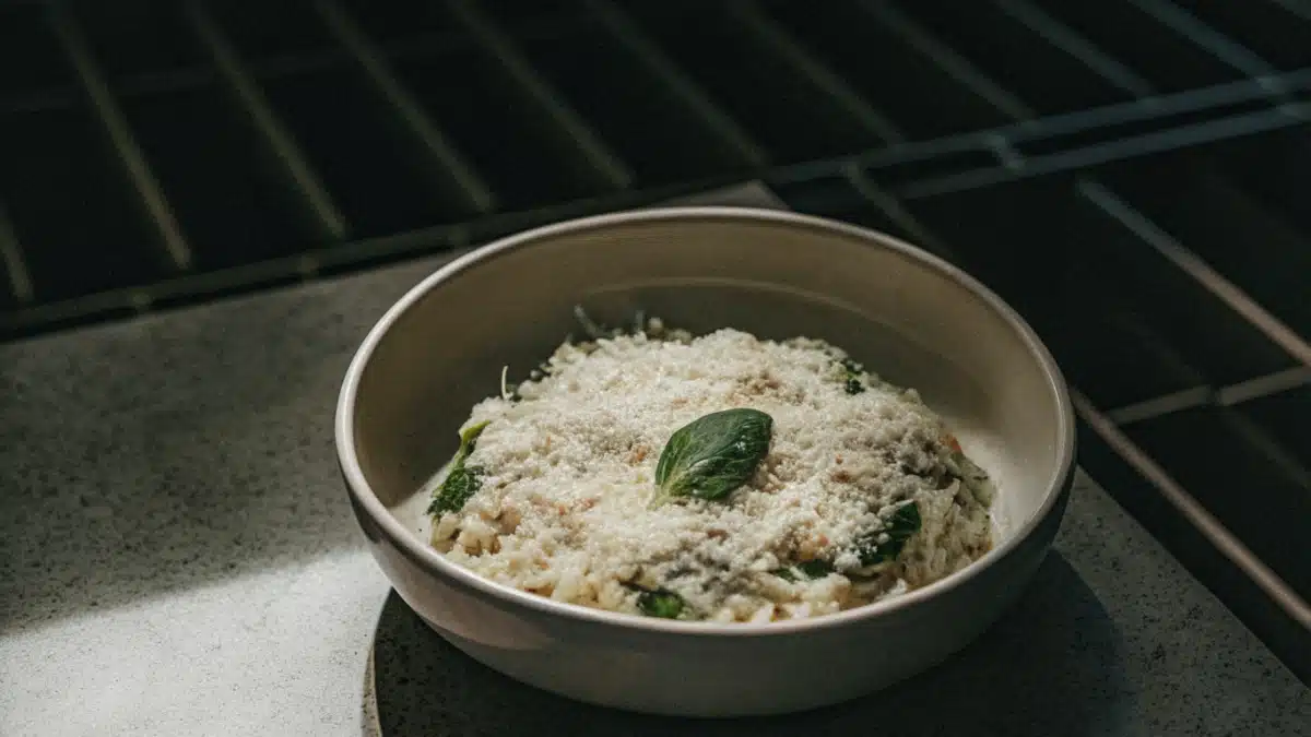 Cremiges Risotto mit Parmesan und frischen Basilikumblättern in einem weißen Teller