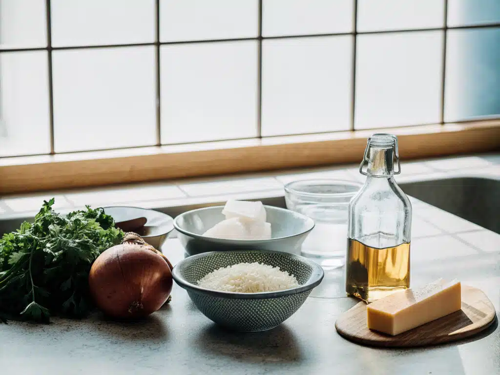 Zutaten für Risotto mit Reis, Gemüsebrühe, Zwiebel, Butter und Parmesan auf einer Arbeitsfläche