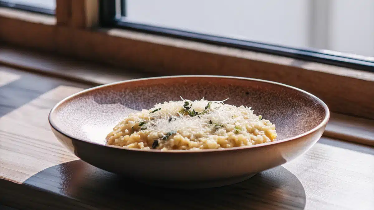 Cremiges Safranrisotto mit Parmesan in einer flachen Keramikschale