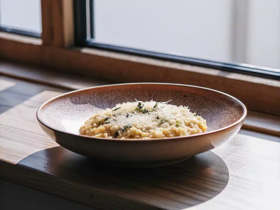 Cremiges Safranrisotto mit Parmesan in einer flachen Keramikschale