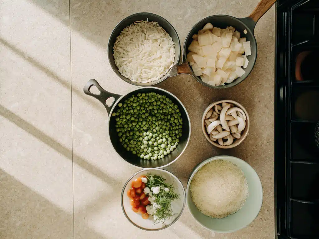 Zutaten für Risotto mit Reis, Gemüsebrühe, Erbsen, Pilzen und Tomaten