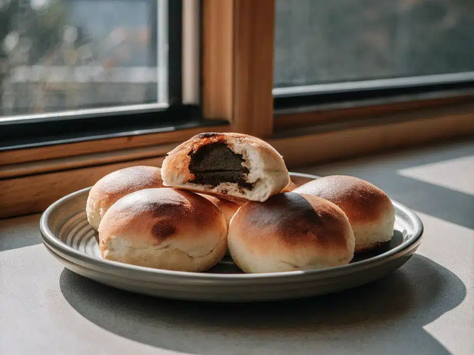 Vegane Bollycaos auf einem Teller, eines davon mit sichtbarer Schokoladenfüllung