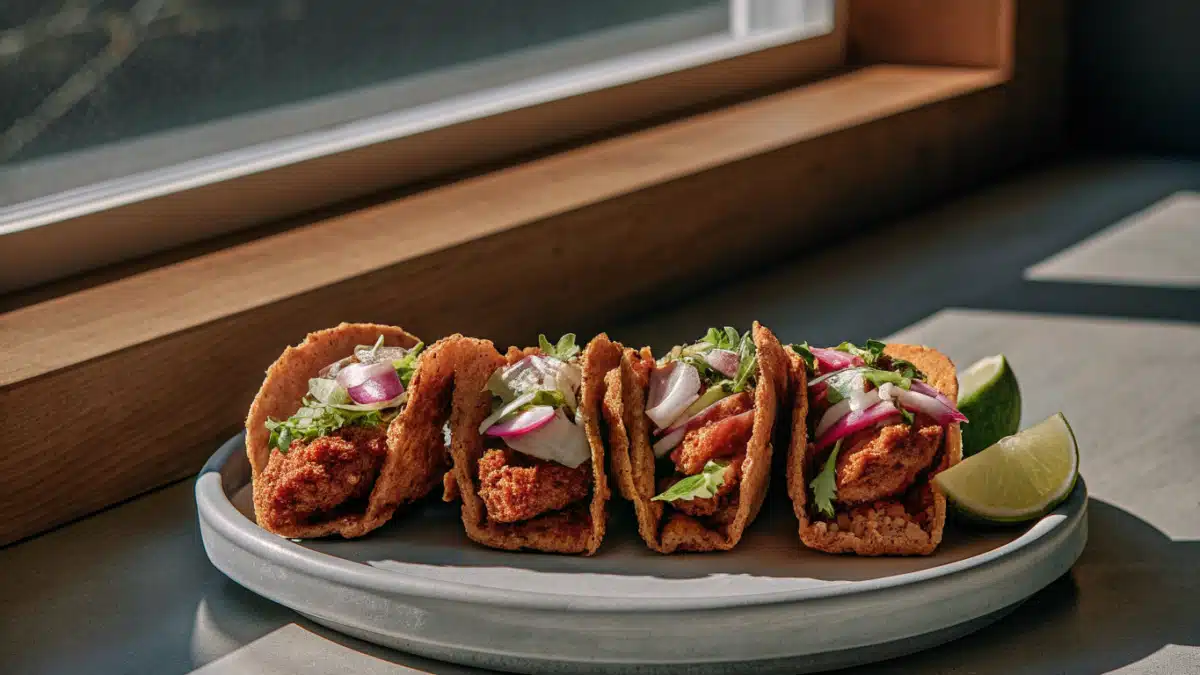 Vegane Smash-Tacos mit gebräunter Sojafüllung, Kräutersauce, Gemüse und Limettenspalten auf einem Teller.