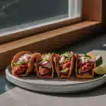 Vegane Smash-Tacos mit gebräunter Sojafüllung, Kräutersauce, Gemüse und Limettenspalten auf einem Teller.