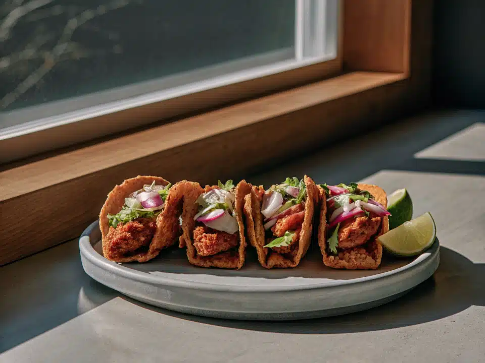 Vegane Smash-Tacos mit gebräunter Sojafüllung, Kräutersauce, Gemüse und Limettenspalten auf einem Teller.