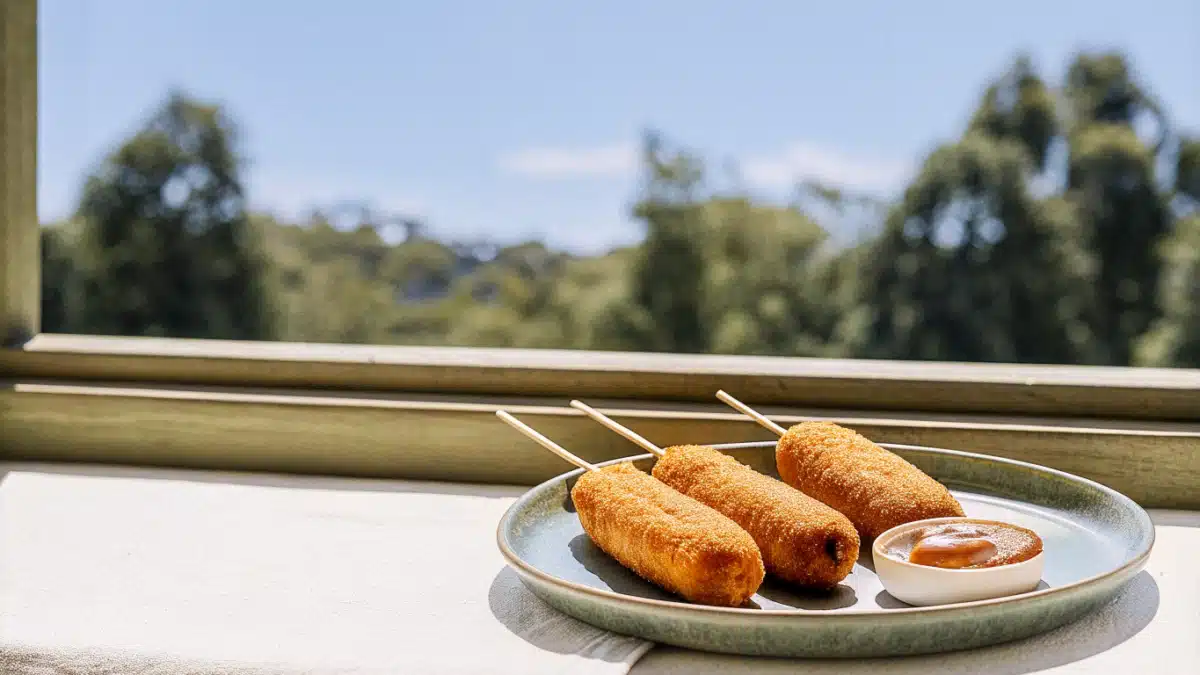Goldbraune vegane Korean Corn Dogs mit Tofu-Würstchen, Käse, Ketchup und Senf auf einem Teller