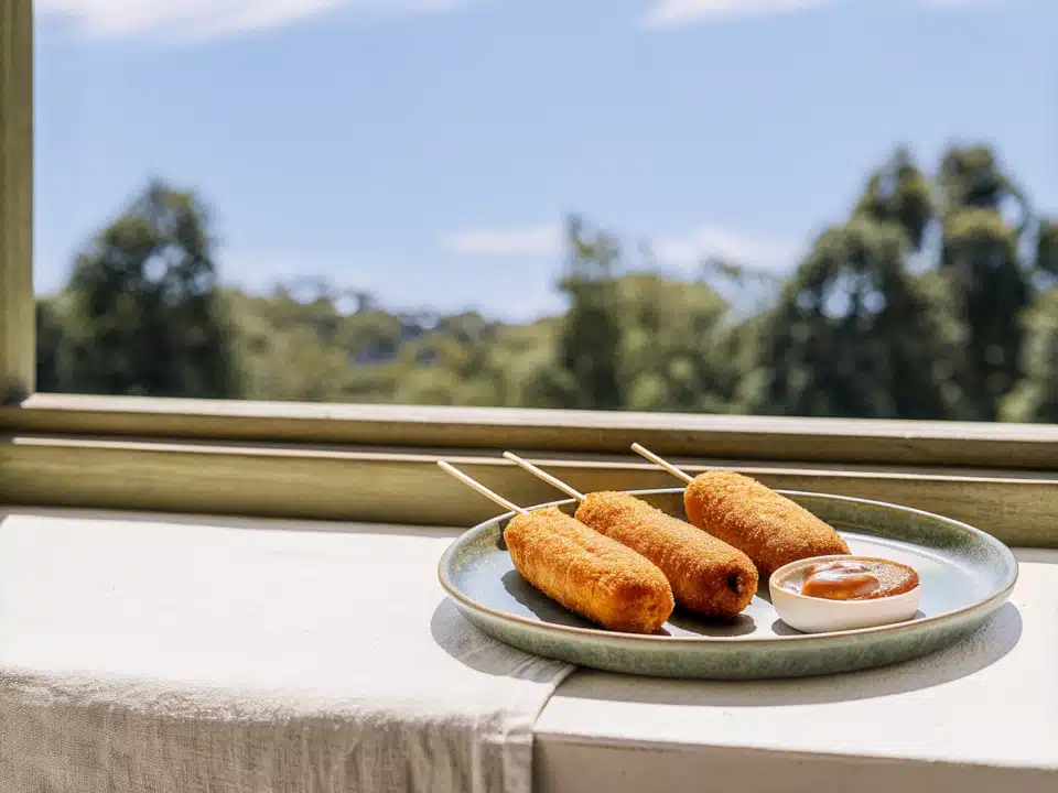 Goldbraune vegane Korean Corn Dogs mit Tofu-Würstchen, Käse, Ketchup und Senf auf einem Teller
