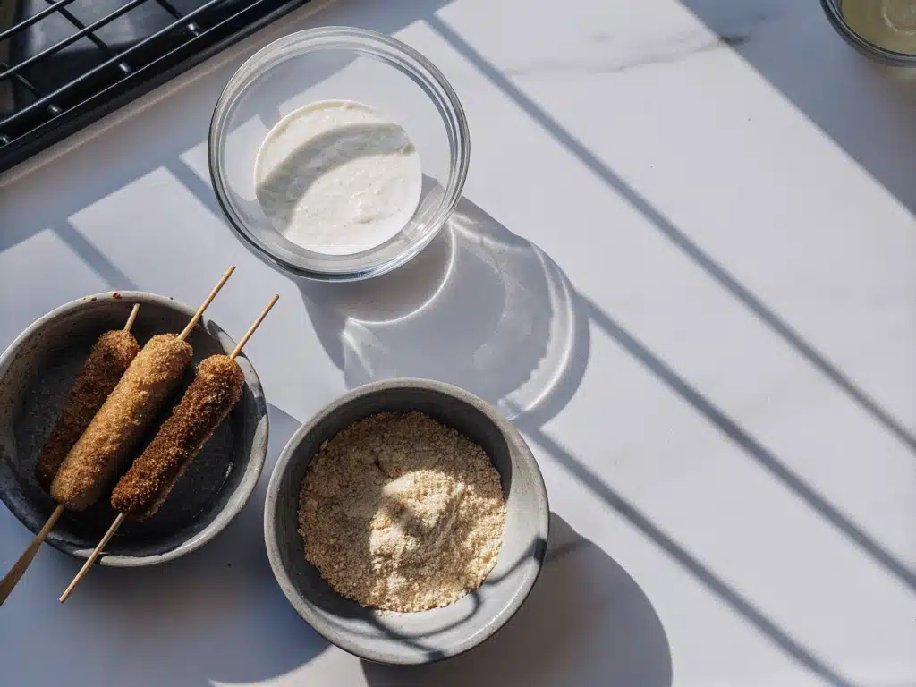 Zutaten für vegane Korean Corn Dogs mit Hefeteig, Tofu-Würstchen, Käse und Panko